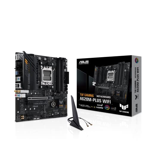 ASUS TUF Gaming A620M-PLUS(WiFi) AMD AM5 (Ryzen 7000) microATX Gaming Motherboard(DDR5,PCIe 4.0,2xM.2 Slots,2.5Gb LAN,Wi-Fi6,2xDisplayPort,HDMI,Front USB 3.2 Gen 1 Type-C,BIOS Flashback,M.2 Q-Latch)