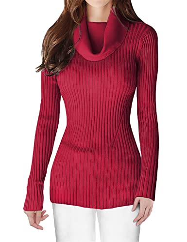 v28 Sweaters for Women Long Sleeve Soft Knitted Ribbed Cowl Neck Fitted Bodycon Sexy Pullover-XS,Wine
