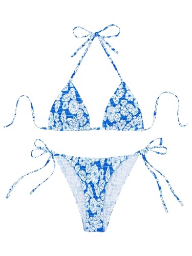 MakeMeChic Women's Halter Tie Side Triangle Bikini Set high Cut 2 Piece Bikini Swimsuit Bathing Suit A-Blue M