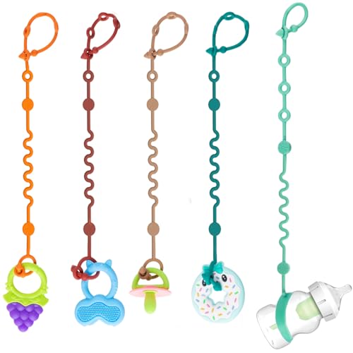 LittleHugs Toy Straps for Baby, 5pcs Adjustable Toy Holder for Stroller Accessories, Silicone Baby Tether Pacifier Clip, No Throw Baby Travel Essential Leash for High Chair, Car Seat, Sippy Cups