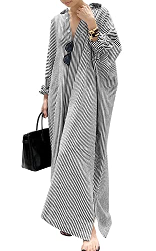 chouyatou Women's Casual Long Sleeve Button Down Loose Striped Cotton Maxi Shirt Dress (Large, Black)