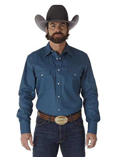 Wrangler Mens Cowboy Cut Western Two Pocket Long Sleeve Snap Work Shirt - Firm Finish - B&T,Dark Teal,X-Large Tall