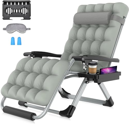 Suteck Oversized Zero Gravity Chair, 33In XXL Lounge Chair w/Removable Cushion & Headrest, Upgraded Aluminum Alloy Lock, Cup Holder and Footrest Patio Reclining Chair for Indoor Outdoor, 500lbs,Gray