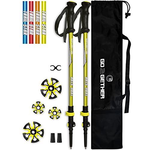 G2 Trekking Hiking Poles Telescopic/Aluminum Alloy/Comfort BMM Handle/Auto-Adjustable Strap/Quick Flip Lock/Snow Baskets Attached (Pack of 2 Poles), Yellow