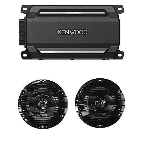 KENWOOD KAC-M5024BT Compact 4-Channel 600 Watt Car Amplifier with Bluetooth Streaming for Marine, ATV and Powersport Applications | Plus Kenwood KFC-1653MRB 6.5' Black Marine 2 Way Speakers 150 Watts