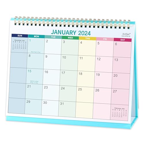 Desk Calendar 2024 - JAN 2024 - DEC 2024, Standing Flip Desktop Calendar 2024, 9.8' x 8.3', 2024 Calendar with Thick Paper, Memo Pages + Twin-Wire Binding + Unruled Blocks - Rainbow