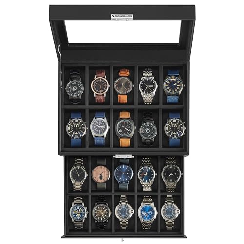 SONGMICS 20-Slot Watch Box, Christmas Gifts, Watch Case with Glass Lid, 2 Layers, Lockable Watch Display Case, Black Synthetic Leather, Black Lining UJWB020B01