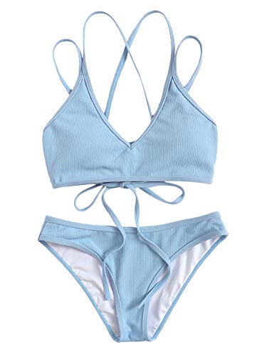 SweatyRocks Women's Bathing Suits Spaghetti Strap Criss Cross Back Bikini Ribbed Swimsuit Blue Small