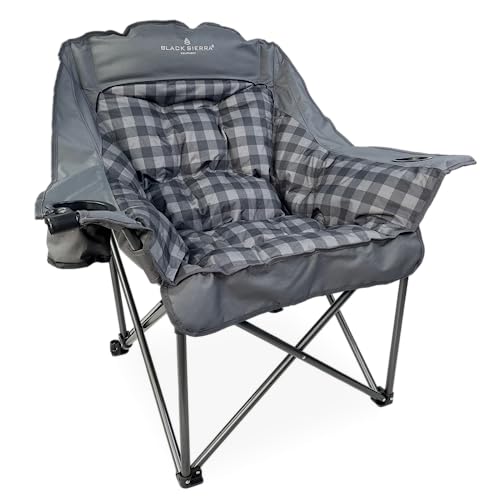 Black Sierra Plush Camping Chair for Sports & Outdoors, Oversize XL Outdoor Folding Chair Supports 400 lbs, Heavy Duty Lounge w/Cup Holders & Carry Bag Perfect for Tailgating, Patio