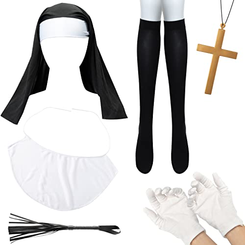 Yopyame 8PCS Scary Halloween Nun Costume Accessories, Women's Nun Cosplay Costume, Nun Costume Accessories Set with Nun Hat, Nun Collar, Cross Pendent Necklace, Nun Gloves, Nun Knee High Socks, Whip
