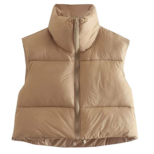 KEOMUD Women's Winter Crop Vest Lightweight Sleeveless Warm Outerwear Puffer Vest Padded Gilet Khaki Large