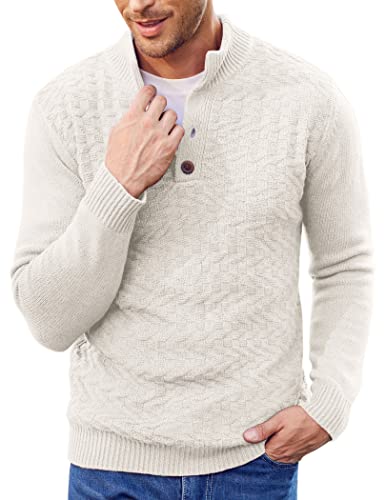 COOFANDY Men Button Collar Sweater Casual Slim Fit Pullover Sweaters Fall Winter White