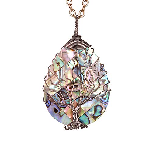 sedmart Water Drop Shape Abalone Pendent Tree of Life Necklace Copper Wire Wrapped Pendent Abalone Shell Jewelry for Women