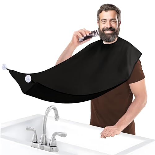 TUNYINSH Beard Bib Apron for Men-Beard Hair Catcher for Men Shaving & Trimming, Non-Stick Beard Cape Grooming Cloth, Waterproof, With 2 Suction Cup, Best Birthday Gifts for Dad or Husband (Black)