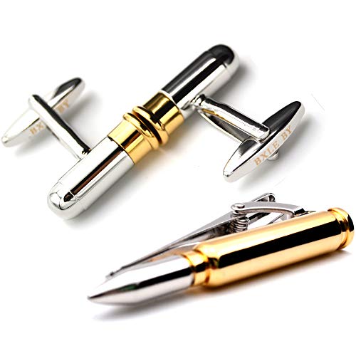 Cool Bullets Cufflinks Tie Clip Set for Men, Gun Shot Necktie Bar Cuff Links for Men, Premium Gold Bullet Studs Button Stickpins for Hunter Soldier Cops Policemen (Gift Boxed Tie Clip + Cufflinks)