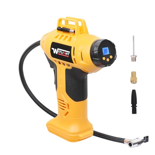Tire Inflator Air Compressor, Compatible with Dewalt 20v Max Battery WITLIGHT 160 PSI Cordless Portable Electric Air Pump with Digital Pressure Gauge for Car, Bike, Sport Ball (TOOL BARE) (Yellow)