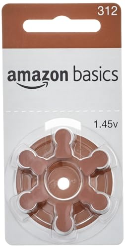 Amazon Basics 60-Pack Hearing Aid Size 312 Zinc-Air Batteries, 1.45 Volt, Brown Tab, 4-Year Shelf Life