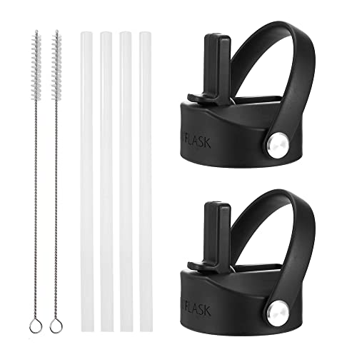 IRON °FLASK Flex Straw Lid for Wide Mouth Insulated Sports Water Bottles, Simple BPA Free, 2 Lids, 4 Straws, 2 Cleaning Brushes (Black)