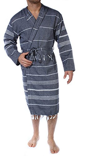 Cacala 100% Turkish Cotton Kimono Design Pestemal Unisex Bathrobe, Luxurious Soft Hooded Bathrobes for Men Women, Quick Dry Extra Absorbent Luxury Plush Long Robe Black Large