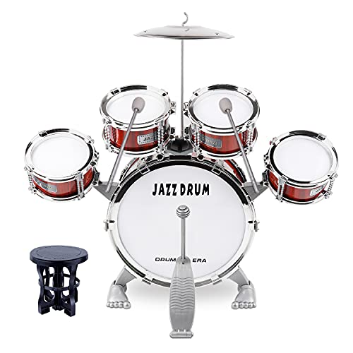 M SANMERSEN Toddler Drum Kit Kids Toy Jazz Drum Set 5 Drums with Stool Mini Band Rock Set Musical Instruments Toy Birthday Gift for Beginners Boys Girls, Red
