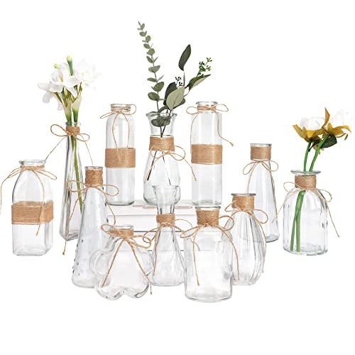CUCUMI Small Bud Vases for Centerpieces Set of 12, Glass Bulk Rustic Vases for Wedding Decorations, Mini Clear Vintage Flower Vase with Rope Design for Coffee Table Party Home Decor