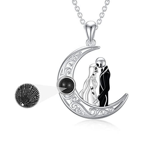 LILALO Nightmare Necklace for Wife Sterling Silver Jack and Sally Necklace Jack Skellington Jewelry for Women I Love You Necklace 100 languages Skull Jewelry Moon Gifts Necklace Birthday Christmas Gifts for Women Teen Girl