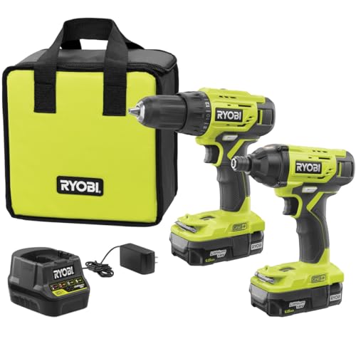 Ryobi P1817 18V ONE+ Lithium-Ion Cordless 2-Tool Combo Kit with (2) 1.5 Ah Batteries, 18-Volt Charger, and Bag