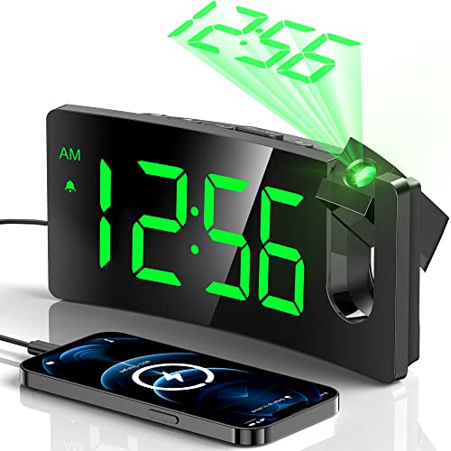 Projection Alarm Clock, Digital Clock with 180° Rotatable Projector, 3-Level Brightness Dimmer, Clear LED Display, USB Charger, Progressive Volume, 9mins Snooze,12/24H, Digital Alarm Clock for Bedroom