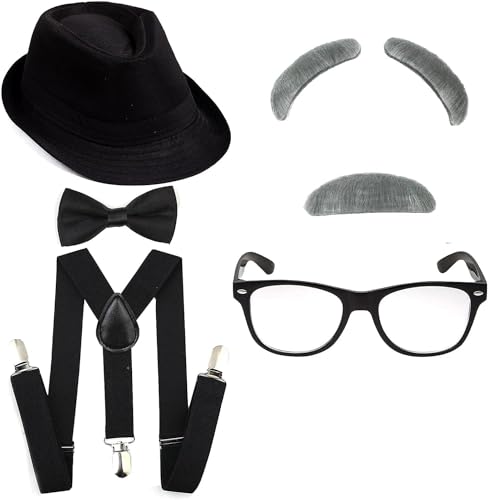 Kakaxi 1920's Boys 100 Days of School Grandpa Costume Set - Gangster Fedora Hat, Old Man Eyebrows & Moustache for Kids & Child Halloween
