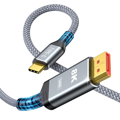 Capshi USB C to DisplayPort 1.4 Cable 6FT, [8K 60Hz, 4K 144Hz/120Hz, 2K 240Hz] 32.4Gbps 5K Type C to DP Braided Cord [Thunderbolt 4/3 Compatible] for MacBook Pro/Air, iPad, iMac, Mac Mini, XPS, Grey