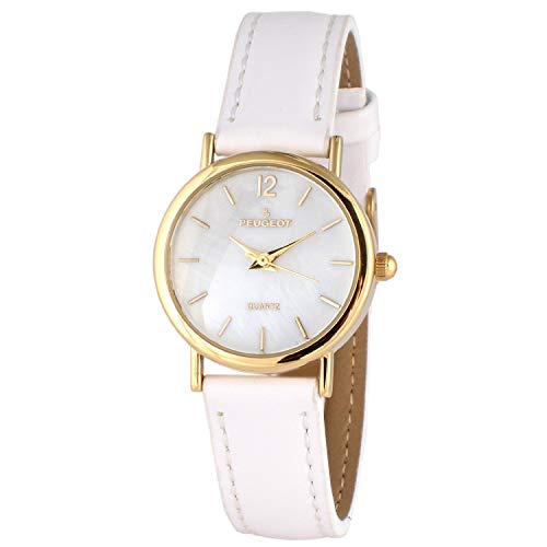Peugeot Women Classic Everyday Watch - 14K Plated Round Case with Leather Band