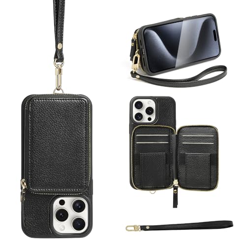 ZVE Wallet Case for iPhone 15 Pro Max, iPhone 15 Pro Max Case Wallet with Card Holder Wrist Strap, RFID Blocking Zipper Leather Cover for Women Gift for iPhone 15 Pro Max, 6.7'(2023) - Black