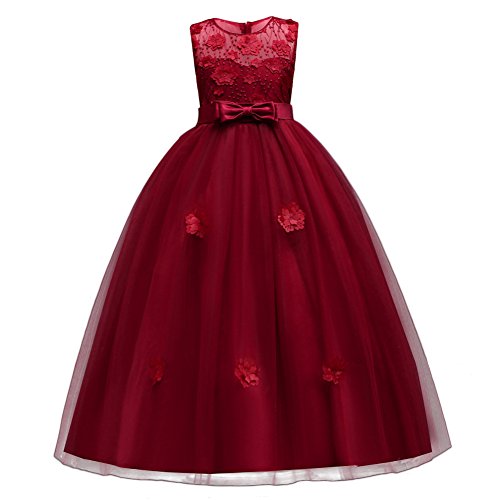 Kids Girls Tulle Princess Long Applique Flower Dress Lace Pageant Wedding Bridesmaid Floor Length Dance Evening Gowns Wine Red#2 10-11 Years