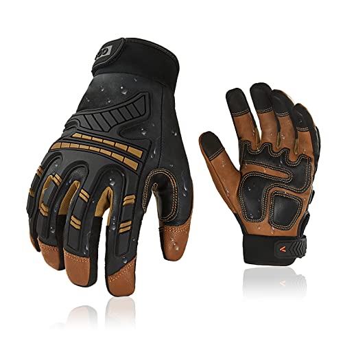 Vgo... 1-Pair High Dexterity Water Repellent Goat Leather Heavy Duty Mechanic Glove,Rigger Glove,Anti-Vibration,Anti-Abrasion,Touchscreen (Size S,Brown,GA8954)