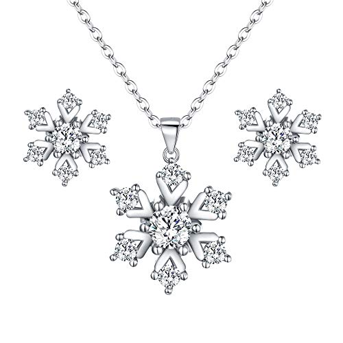 BriLove 925 Sterling Silver Snowflake Necklace Earrings Jewelry Set for Women Pendant Necklace Stud Earrings Set Clear