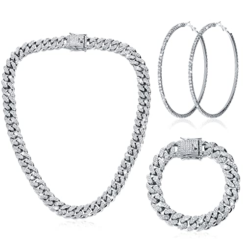 Batiyeer Cuban Link Chain Necklace Bracelet Rhinestone Earrings Bling Necklace Bracelet Crystal Big Circle Earring for Women (Silver,16 Inch)