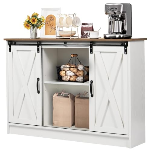 4 EVER WINNER Farmhouse Coffee Bar Cabinet, White Sideboard Storage Cabinet Coffee Station Credenza with Sliding Barn Doors, Farmhouse Buffet Cabinet with Storage for Dining Room, White