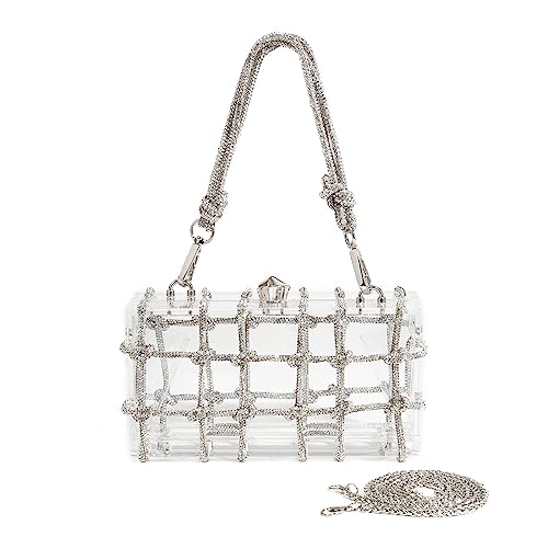SharPlus Rhinestone Purse Clear Acrylic Clutch with Glitter Silver Diamond Knotted Rope for Women, Bling Hard Box Evening Bag