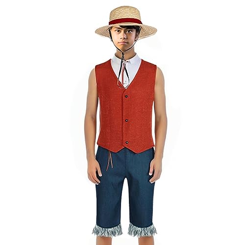 Teilwenl Luffy Costume with Straw Hat for Men Monkey D. Luffy Shirt Shorts
