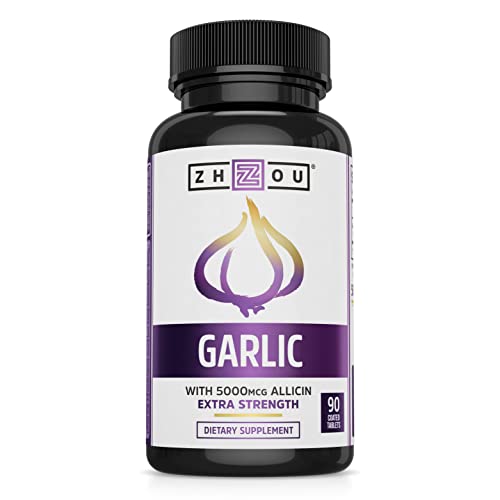 Zhou Nutrition Garlic Supplement With Allicin, Extra Strength 5000mcg Allicin Per Serving, Support Immune System, Blood Pressure And Cholesterol Health, 90 Servings