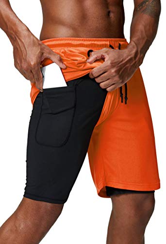 Pinkbomb Men's 2 in 1 Running Shorts Gym Workout Quick Dry Mens Shorts with Phone Pocket (Orange, Large