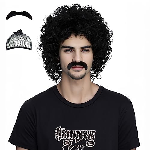 Miss U Hair Jerry Curl Wig Mens Wigs Short Black Curly Wig With Mustache 70s Rocker Mullet Halloween Costume Wig