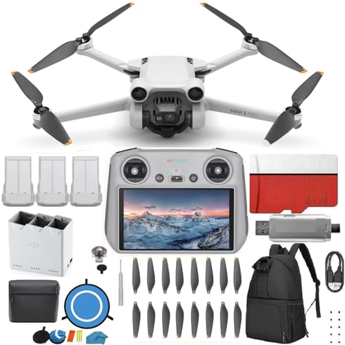 DJI Mini 3 Pro (DJI RC) - & Fly More Kit Lightweight and Foldable 34-min Flight Time Camera Drone Bundle with Built in Monitor, with 128 GB SD, 3.0 USB Card Reader, Landing Pad, Backpack and More