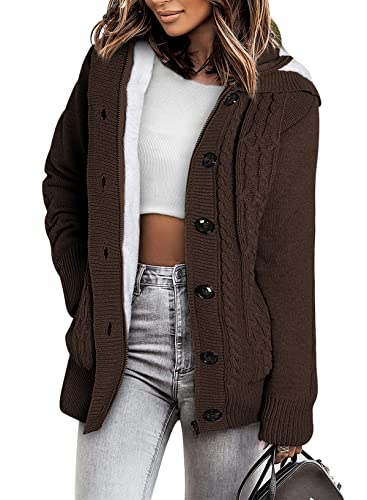 Sidefeel Women Hooded Knit Cardigans Button Cable Sweater Coat XX-Large Brown