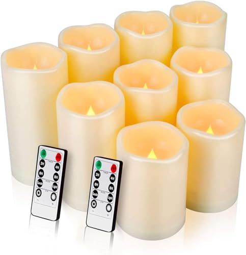 Enido Flameless Candles, LED Candles Outdoor Waterproof Candles(D: 3' x H: 4' 5' 6') Battery Operated Plastic Pack of 9 Pillar