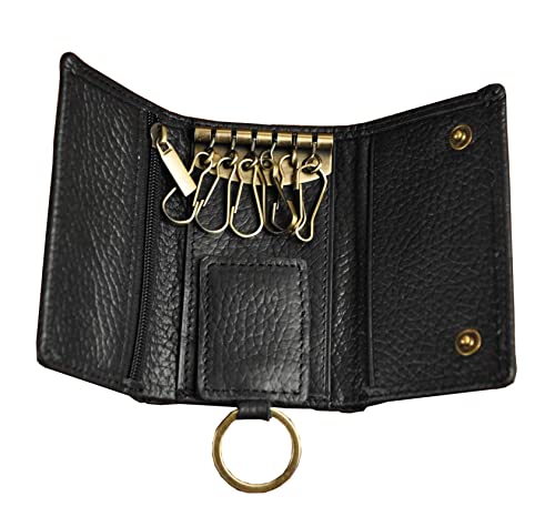 Le'aokuu Mens Genuine Leather Car Key Case Loop Hook Coin Case Cover Wallet Snap (The Black 2)