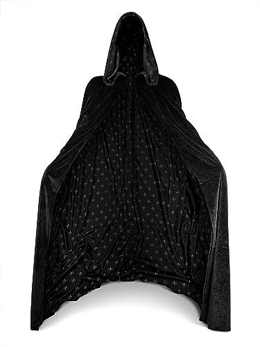 Artemisia Designs Black Cloak with Hood for Adult Men Women Velvet Hooded Cape Costume Lined in Fleur De Lis
