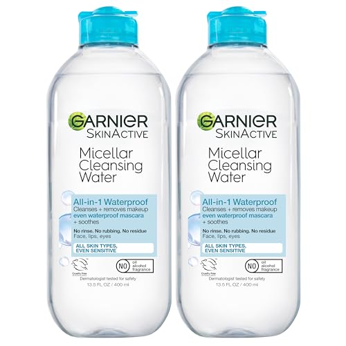 Garnier SkinActive Micellar Water For Waterproof Makeup, Facial Cleanser & Makeup Remover, 13.5 Fl Oz (400mL), 2 Count (Packaging May Vary)