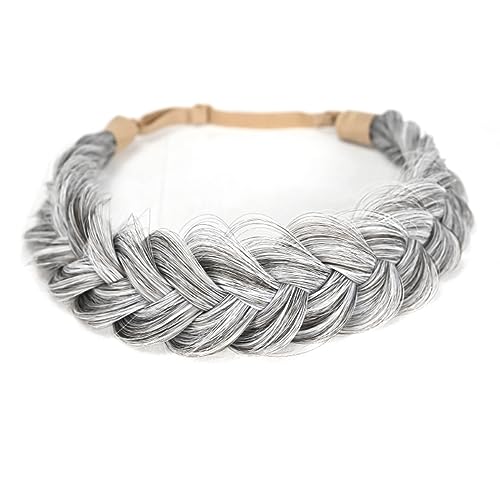 STHEJFB Braid Headband 2 Strands Messy Classic Chunky Plaited Wide Braids Elastic Stretch Quality Synthetic Braided Headband Women Girl Bohemian Hair Braid 65g (Grey Silver)