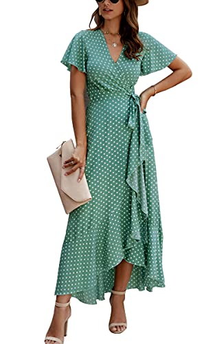 ECOWISH Women's Dresses Bohemian Wrap V Neck Short Sleeve Ethnic Style High Split Beach Maxi Dress 032 Green XX-Large